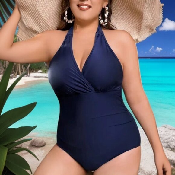 🆕 Plus Size Curvy Halter One Piece Swimsuit Navy Blue 0XL Moderate Stretch - Picture 1 of 15